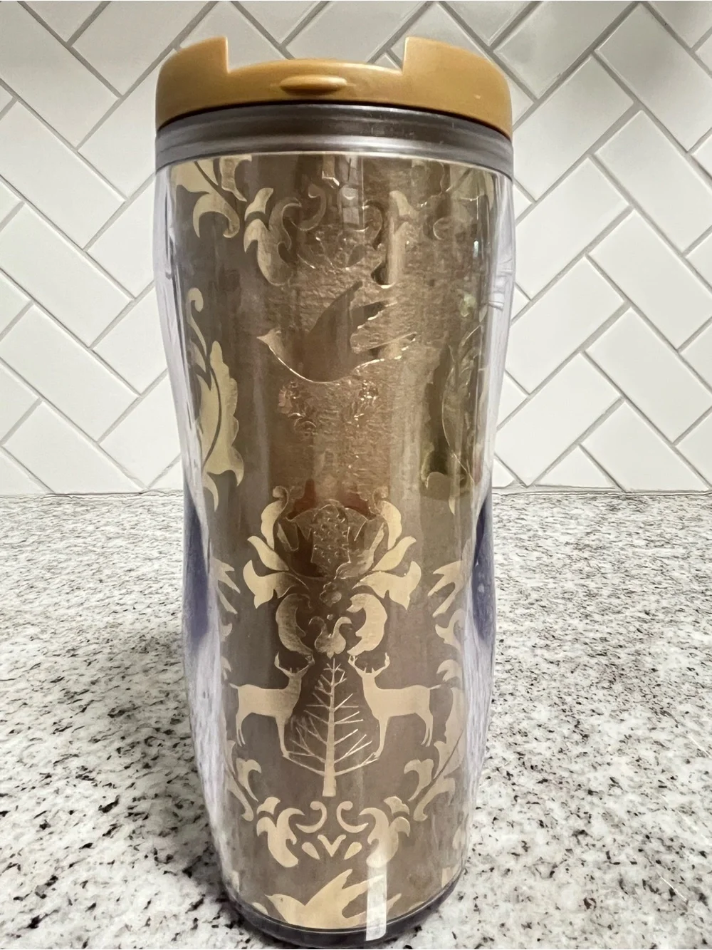 Starbucks Coffee 2008 Holiday Damask Deer Birds Travel Tumbler Gold 16 oz